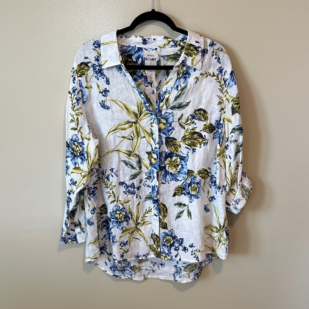 NWT Joie Blue and Green Floral Button-Down Shirt Size 1x 100% Linen